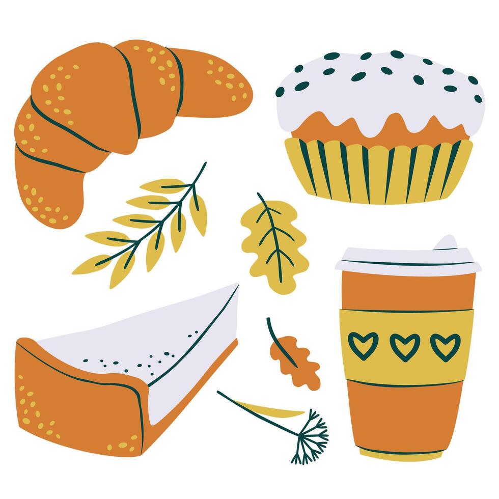 Autumn Set of Illustrations, Croissant, Cheesecake, Muffin, Coffee, Oak Leaf, Yellow and Orange Leaves and Dry Flowers vector