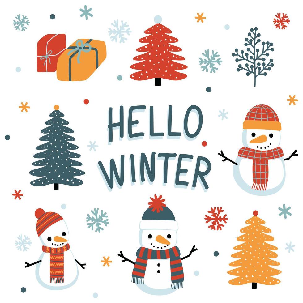 Christmas Clipart Collection and Lettering Hello Winter, Funny Snowmen, Silhouettes of Fir Trees, Gifts, Snow and Snowflakes vector