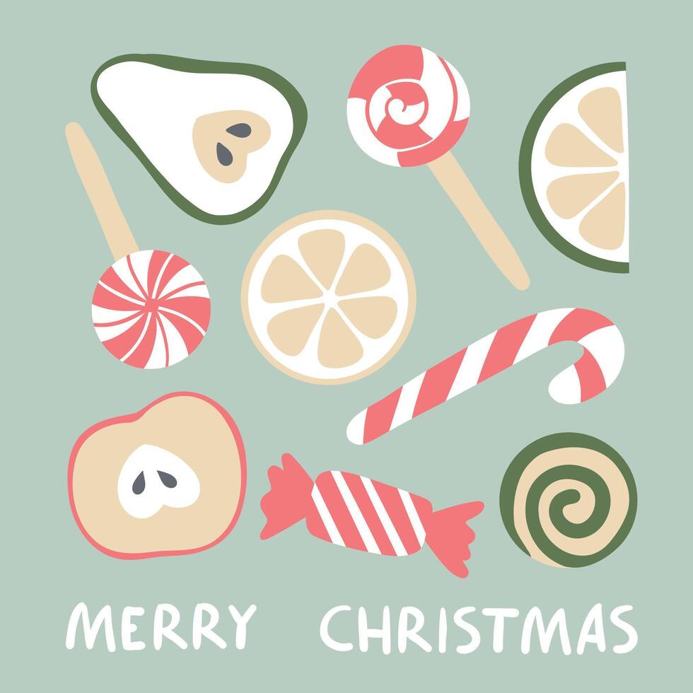 Merry Christmas Fruit and Candies Greeting Card vector