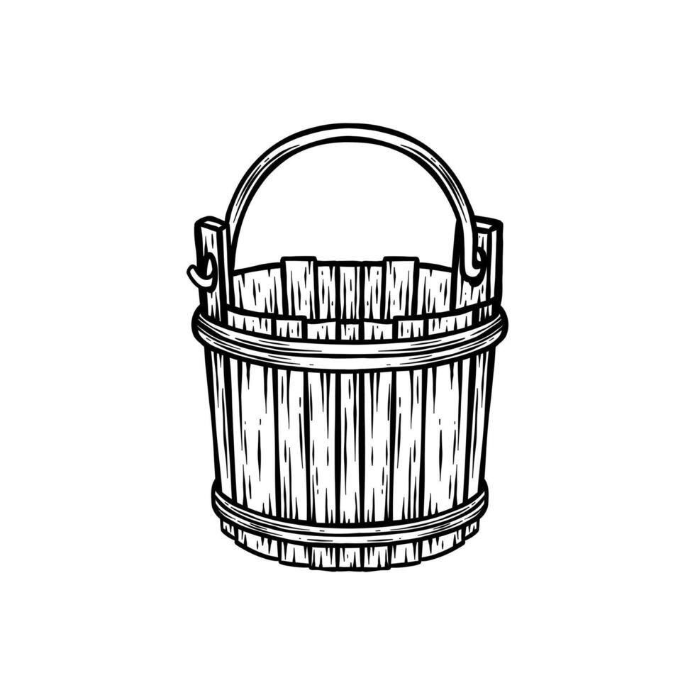 black and white illustration of a wooden bucket vector