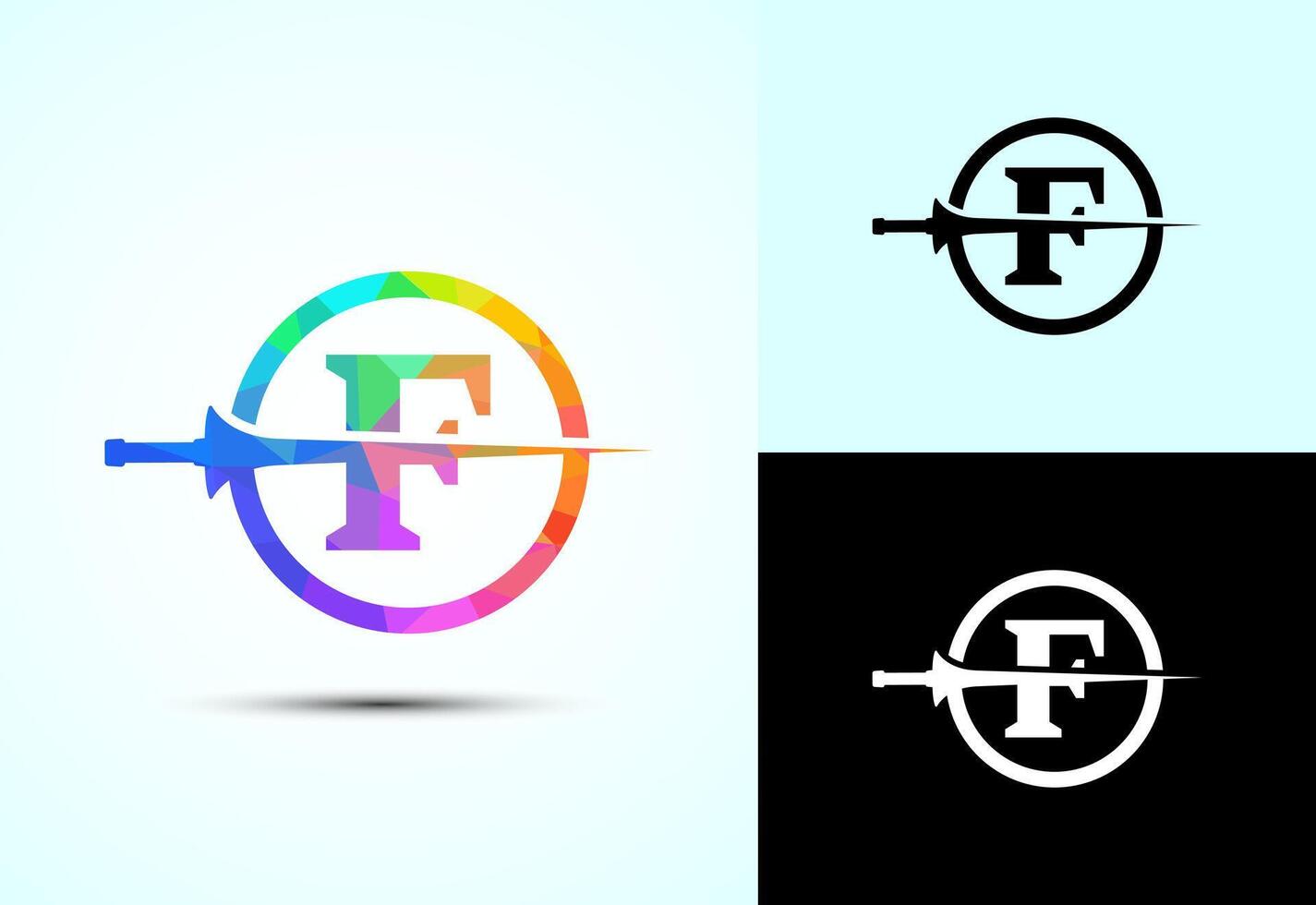 English alphabet F with spear lance. Creative spear logo design template vector