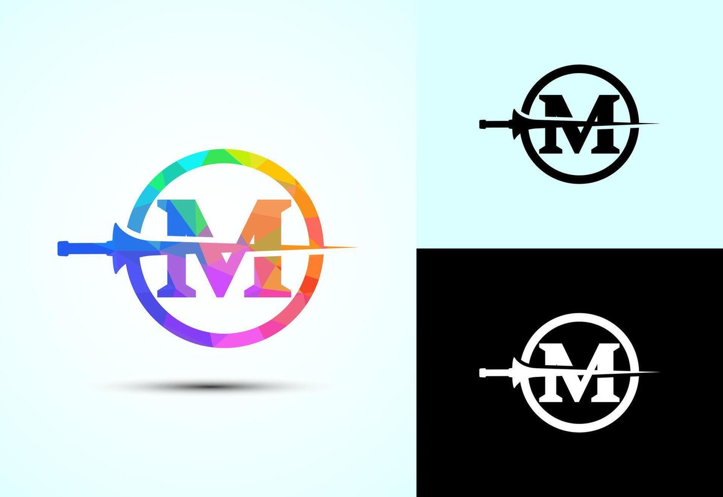 English alphabet M with spear lance. Creative spear logo design template vector