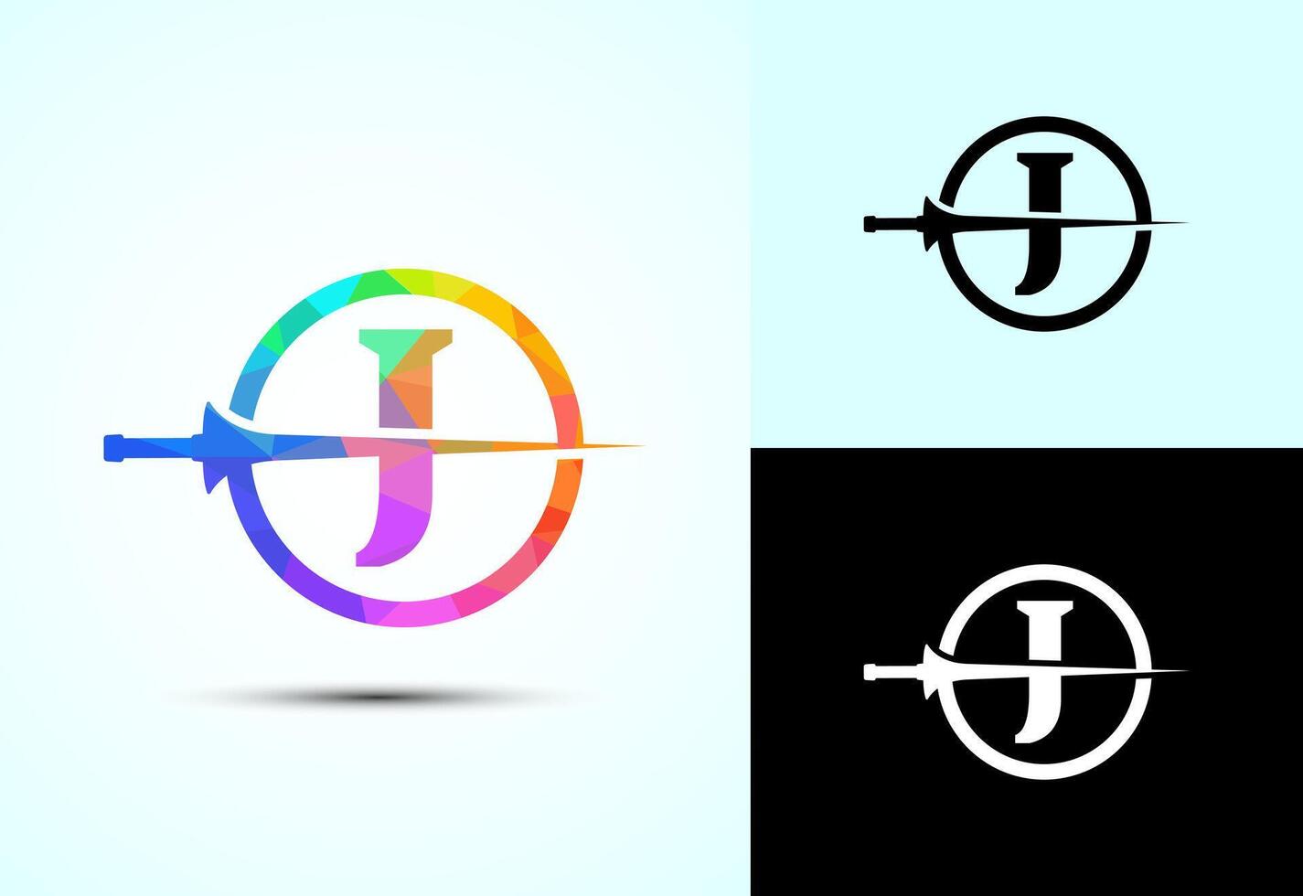 English alphabet J with spear lance. Creative spear logo design template vector