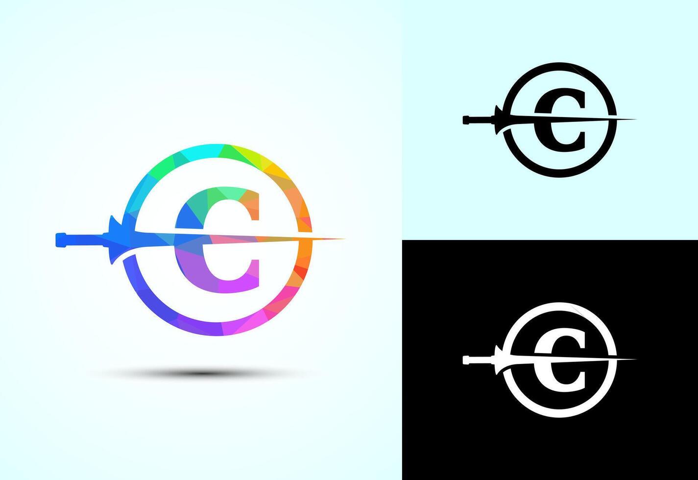 English alphabet C with spear lance. Creative spear logo design template vector