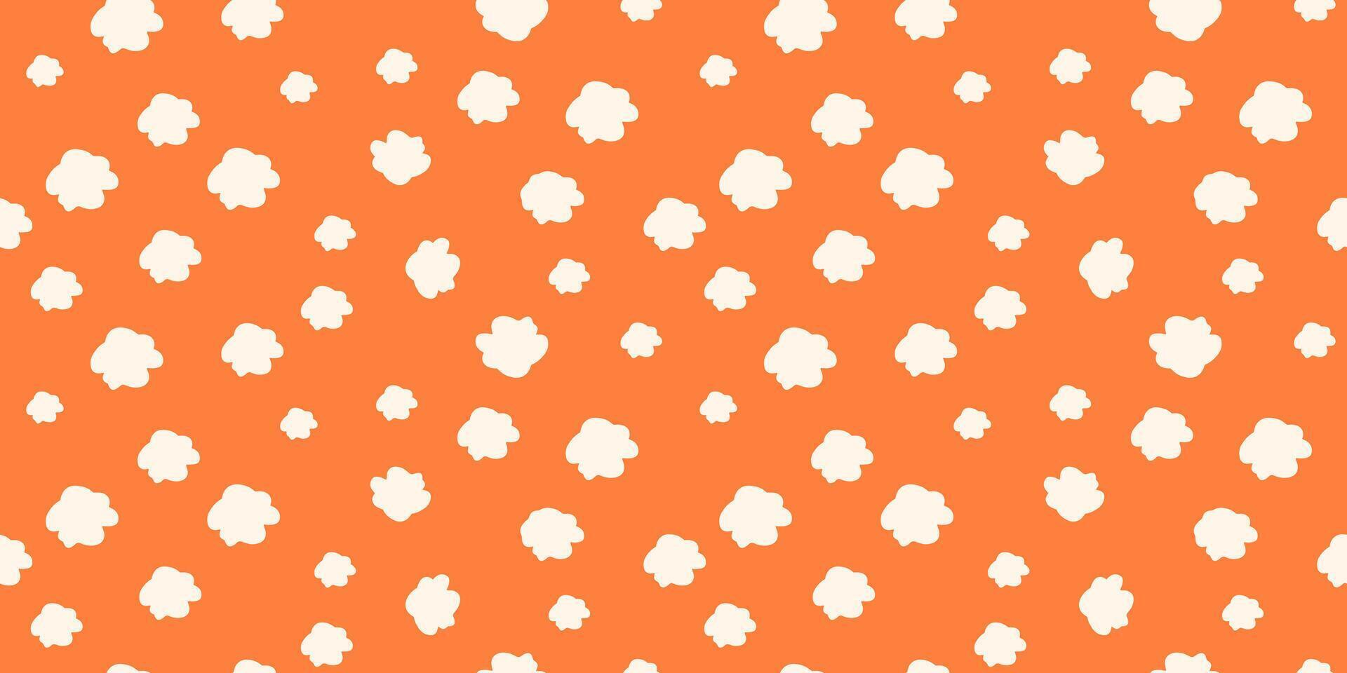 Playful seamless pattern with cloud shapes scattered on a bright orange background. Plain minimalist print for children's designs, bold wallpapers, stationery, and cheerful creative projects. vector
