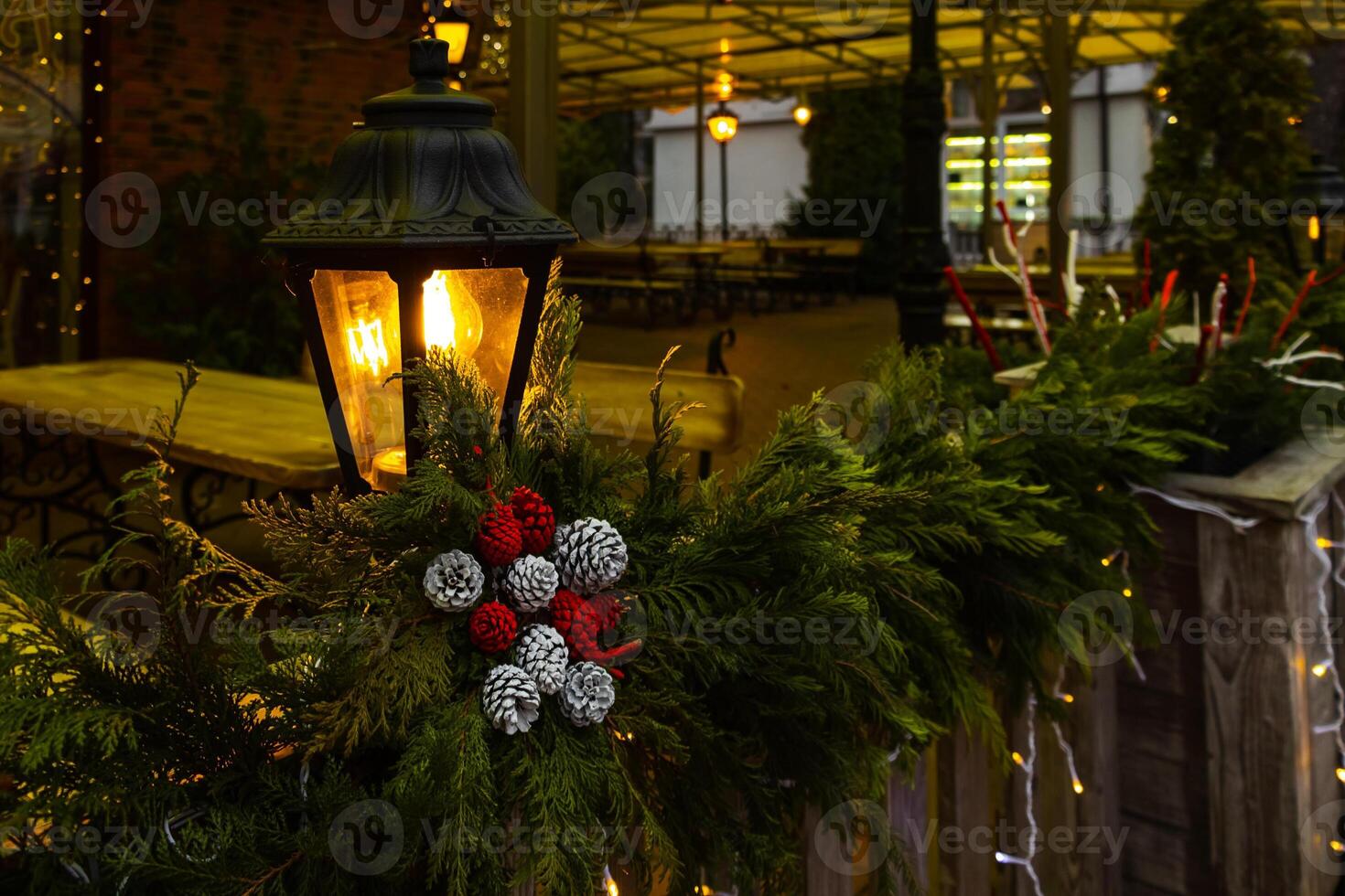 retro street lamp outside with New Year decorations photo