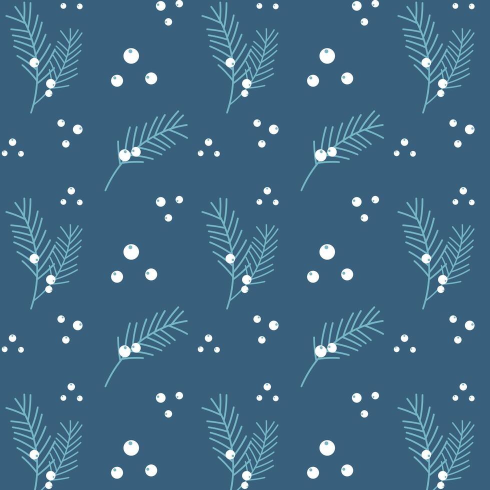 Blue winter pattern with pine spruce branches and white berries, night snowy sky. vector