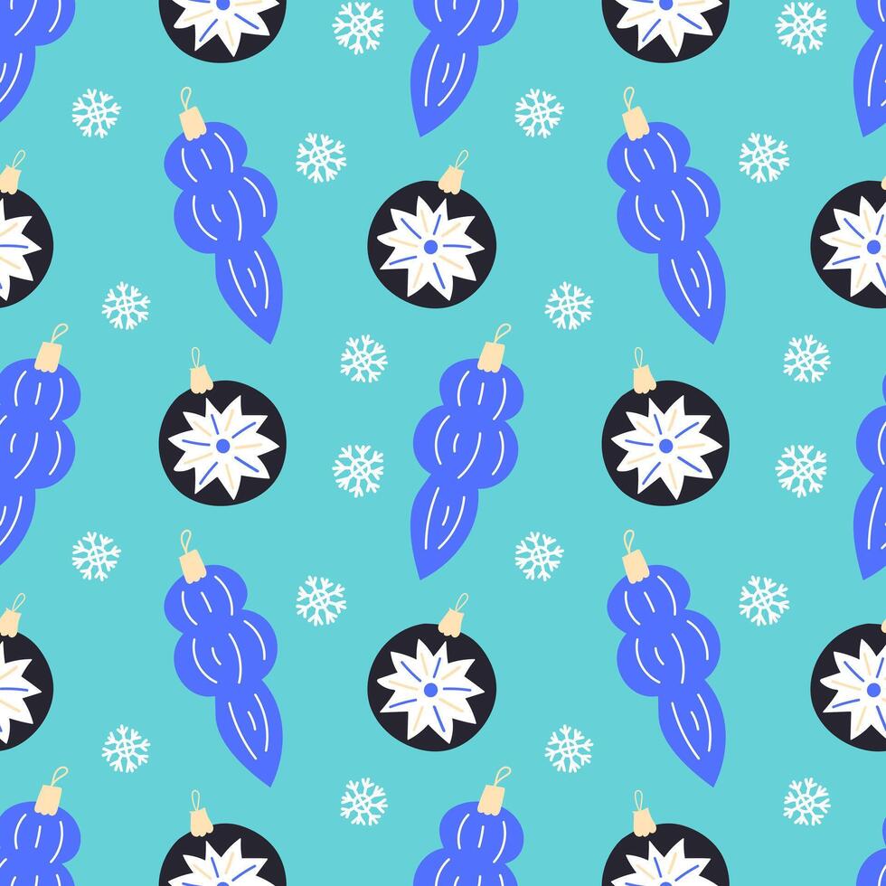 Bright festive New Year's Christmas pattern with Christmas tree decorations and toys. vector