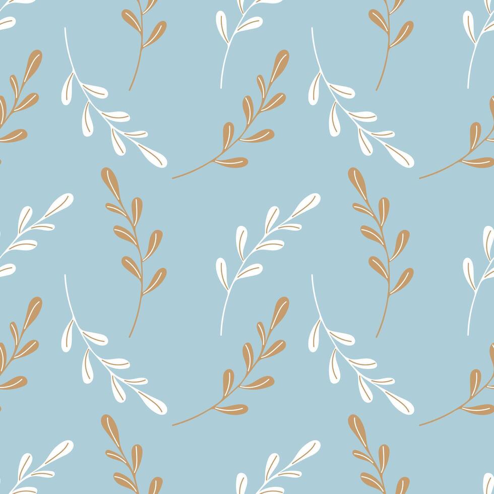 Winter cold blue pattern with twigs, white and gold branch on blue background. vector