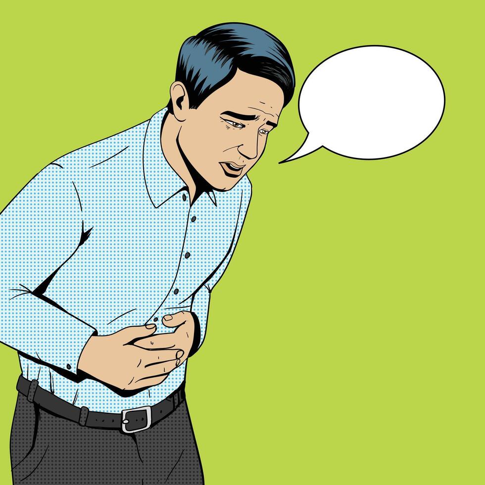 Man suffering with stomach pain pop art style retro illustration. Medical illustration. Comic book style. vector