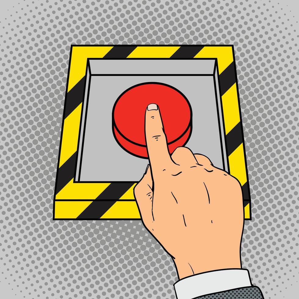 Hand push the red button pop art retro style illustration. Comic book imitation vector