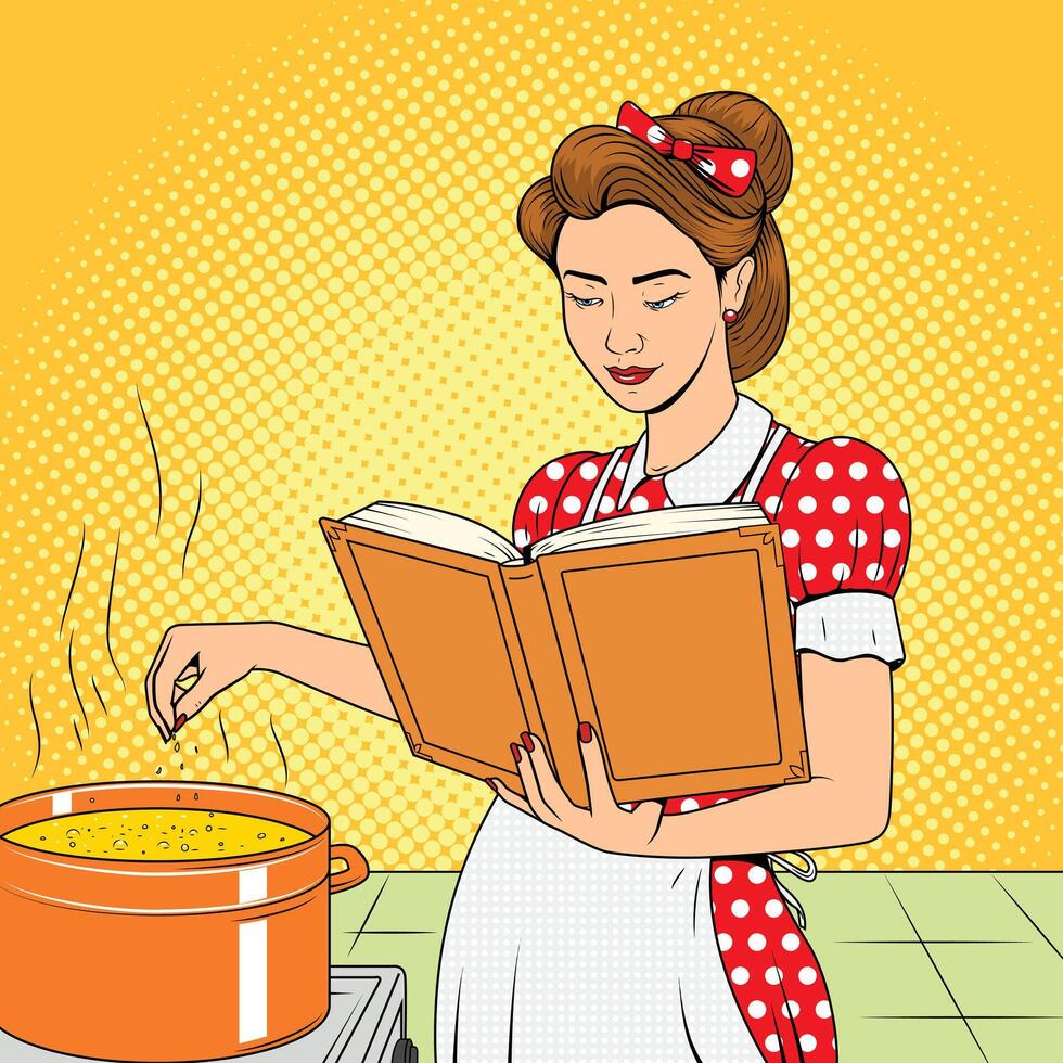 Beauty wife cooking soup illustration retro halftone pop art comic strip style vector