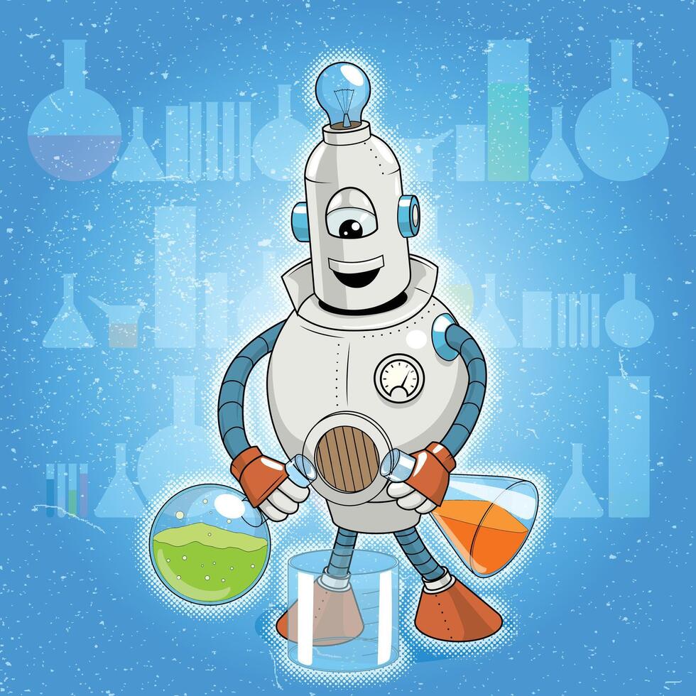illustration cartoon robot makes science experiment vector
