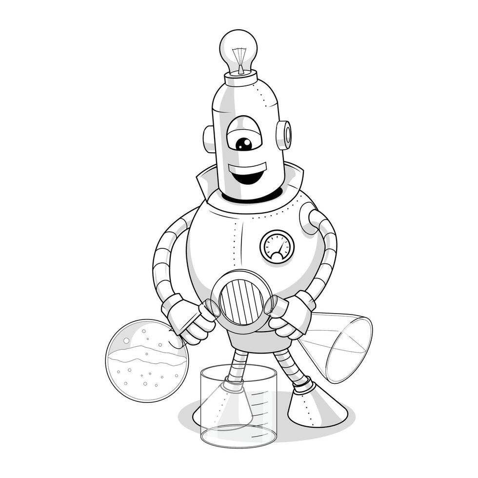 illustration cartoon robot makes science experiment vector