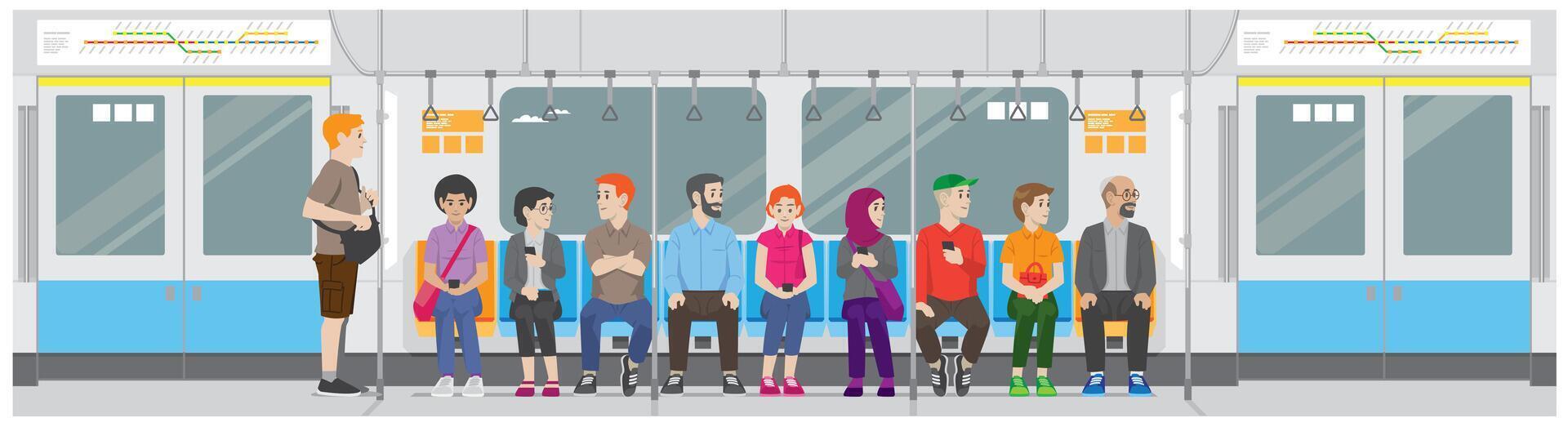 a cartoon Illustration view of people sitting inside subway train vector