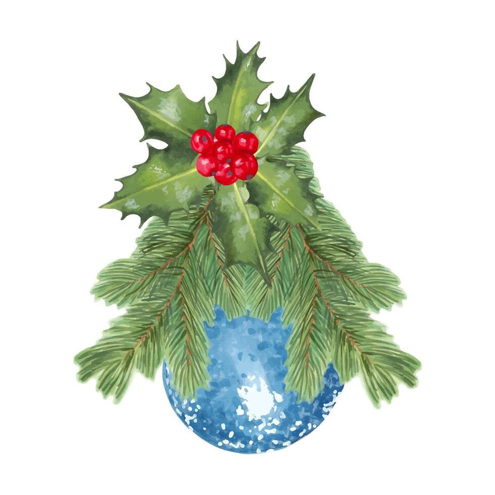 Pine branches are decorated with holly with red berries and a blue glittery Christmas tree decoration. Watercolor illustration on the theme of New Year and Christmas. Hand drawn isolated clipart vector