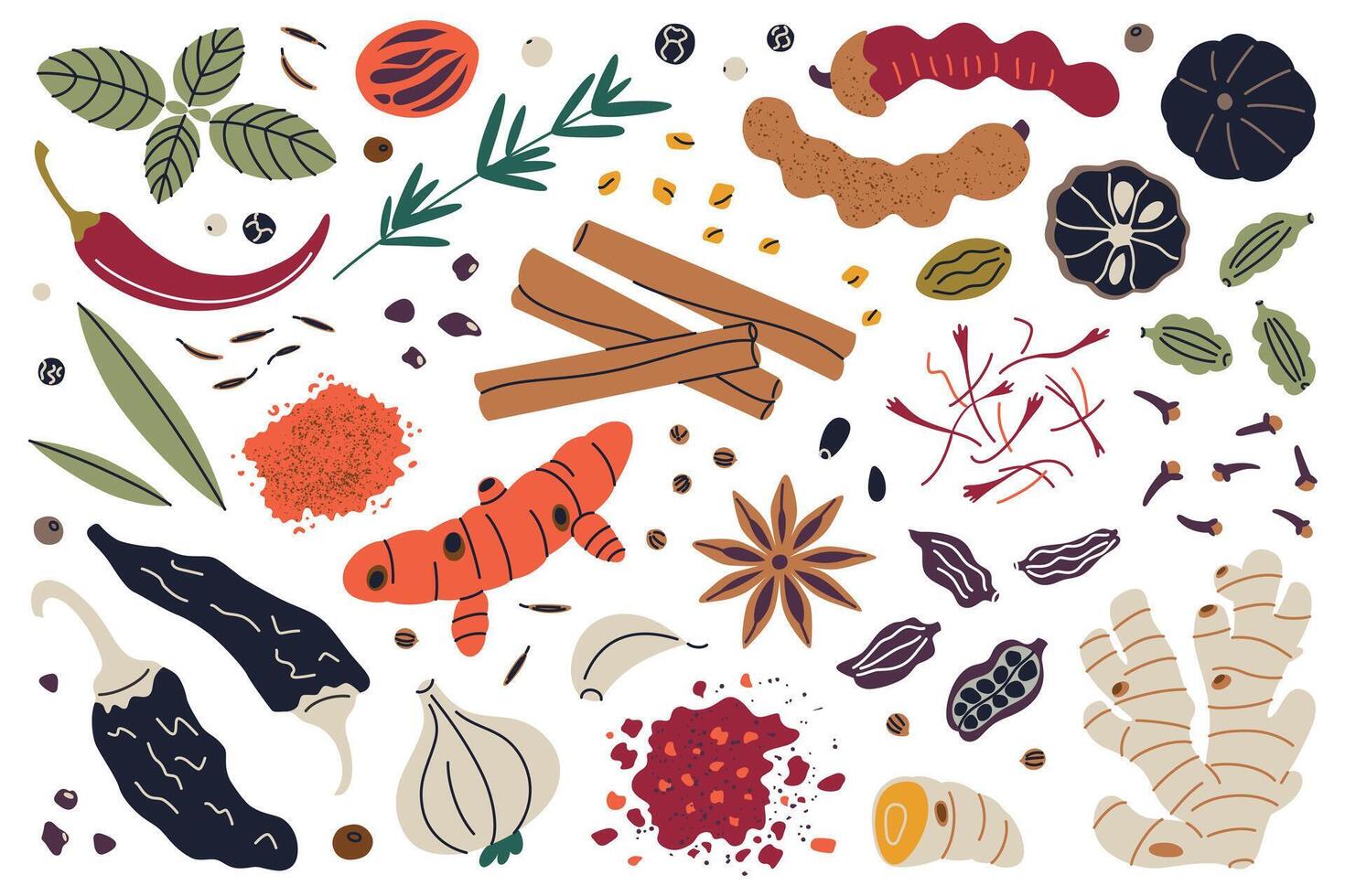 illustrations collection, set of spices and herbs, cinnamon, turmeric, saffron, chili, ginger doodles, garlic, cloves, and cardamom. Colorful flat cartoon style for cooking, food, and culinary vector