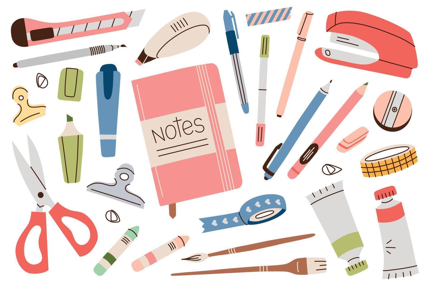 illustration of stationery, set of notebooks, scissors, pens, pencils, markers doodles, stapler, tape, and brushes. Flat cartoon style, perfect for school, office, art, and organization themes vector