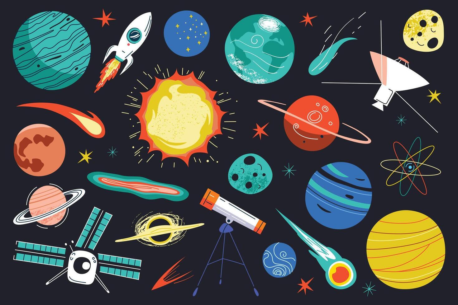 illustration set of colorful planets, rockets, stars, comets, and telescopes on black background. Space collection for astronomy, science, and outer space exploration themes, children books vector