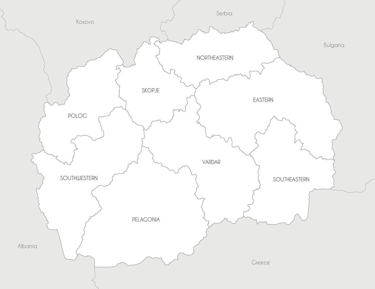map of North Macedonia with statistical regions and administrative divisions, and neighbouring countries and territories. Editable and clearly labeled layers. vector
