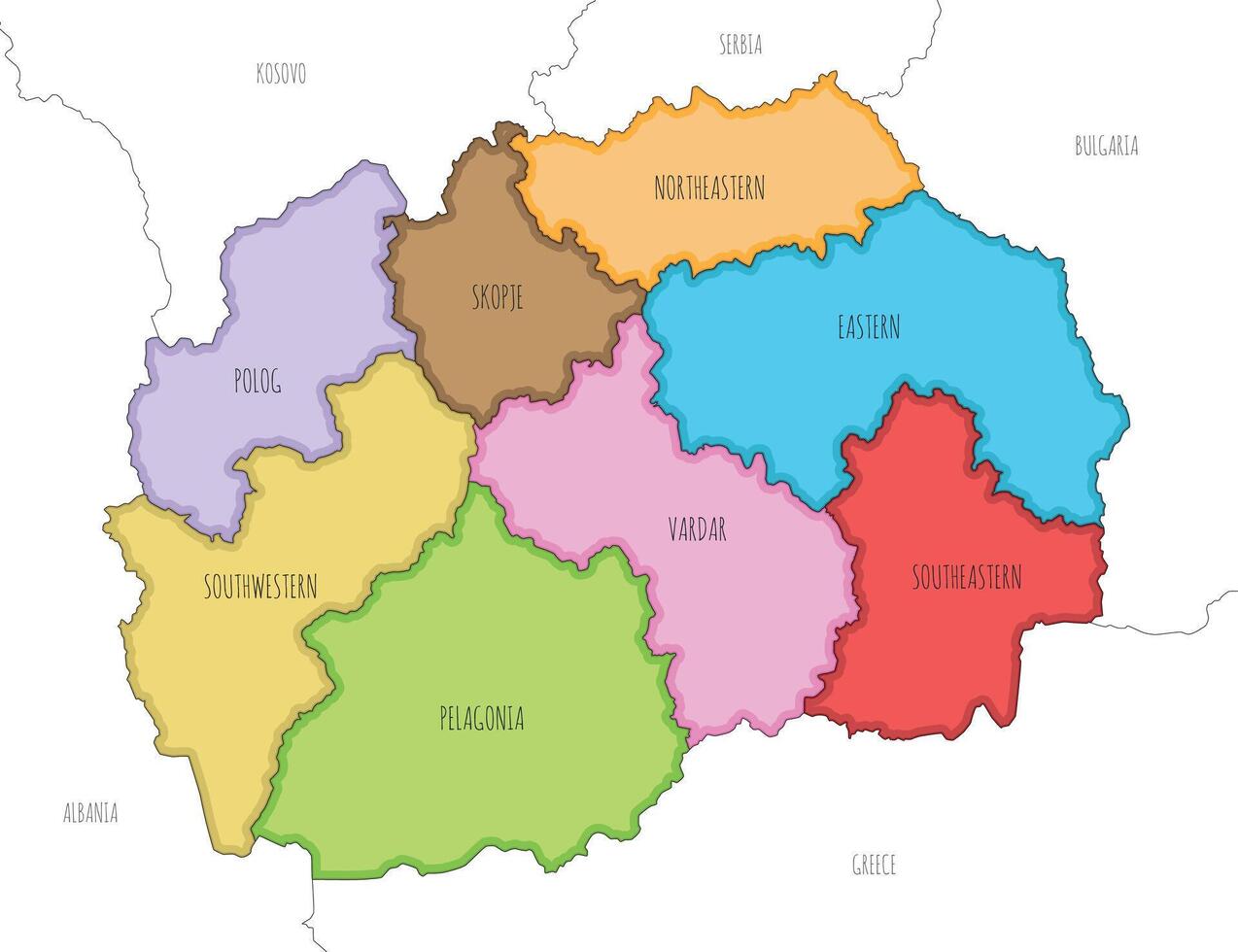 illustrated map of North Macedonia with statistical regions and administrative divisions, and neighbouring countries and territories. Editable and clearly labeled layers. vector