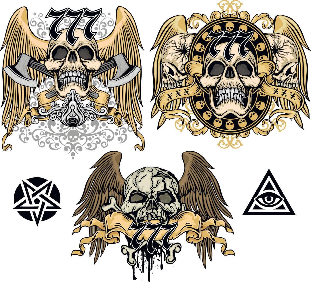set, wings with skulls vector
