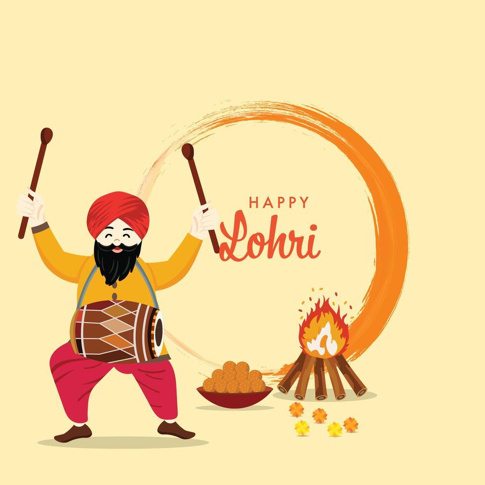 Happy Lohri Celebration Poster Design with Punjabi Man Character Playing Drum, Bonfire and Laddu on Pastel Yellow Background. vector