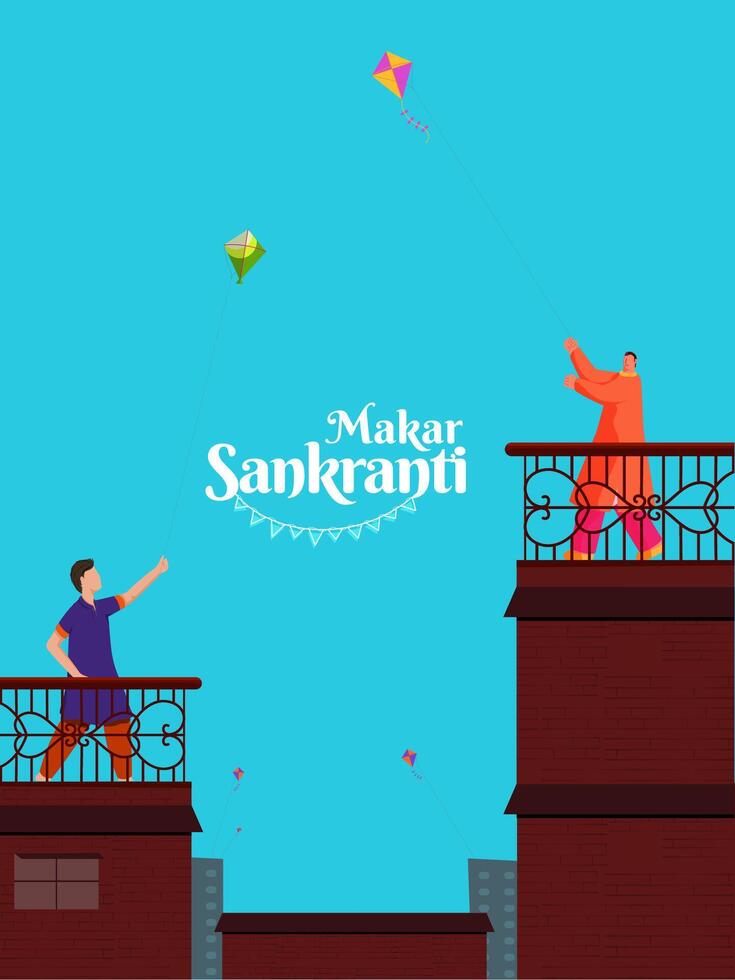Happy Makar Sankranti Poster Design with Two Men Characters Flying Kite on Roof of Their Houses Illustration. vector