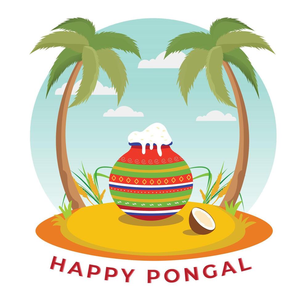 Happy Pongal Poster Design with Traditional Clay Pot of Rice Dish, Coconut Trees on Nature Background. vector