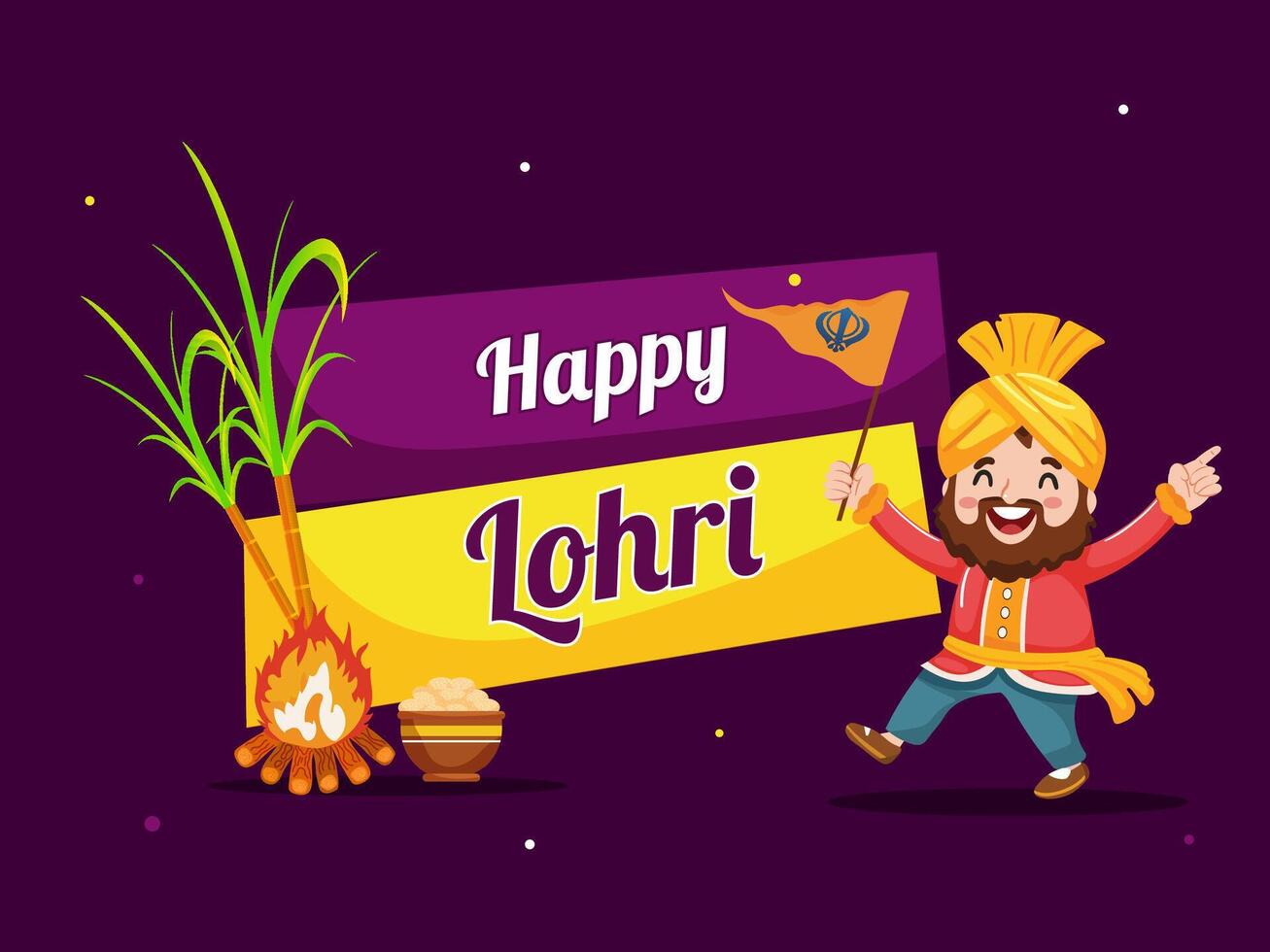 Happy Lohri Celebration Poster with Cartoon Punjabi Man Dancing with Khanda Flag, Bonfire, Sugarcane and Sweet Bowl on Purple Background. vector