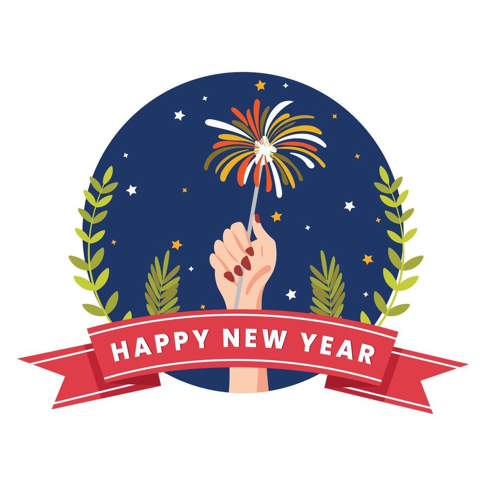 Happy New Year Greeting Card with Hand Holding Sparkling Stick on Blue and White Background. vector