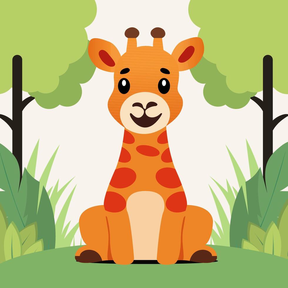 Cute Cartoon Giraffe Character Sitting on Nature Background. vector