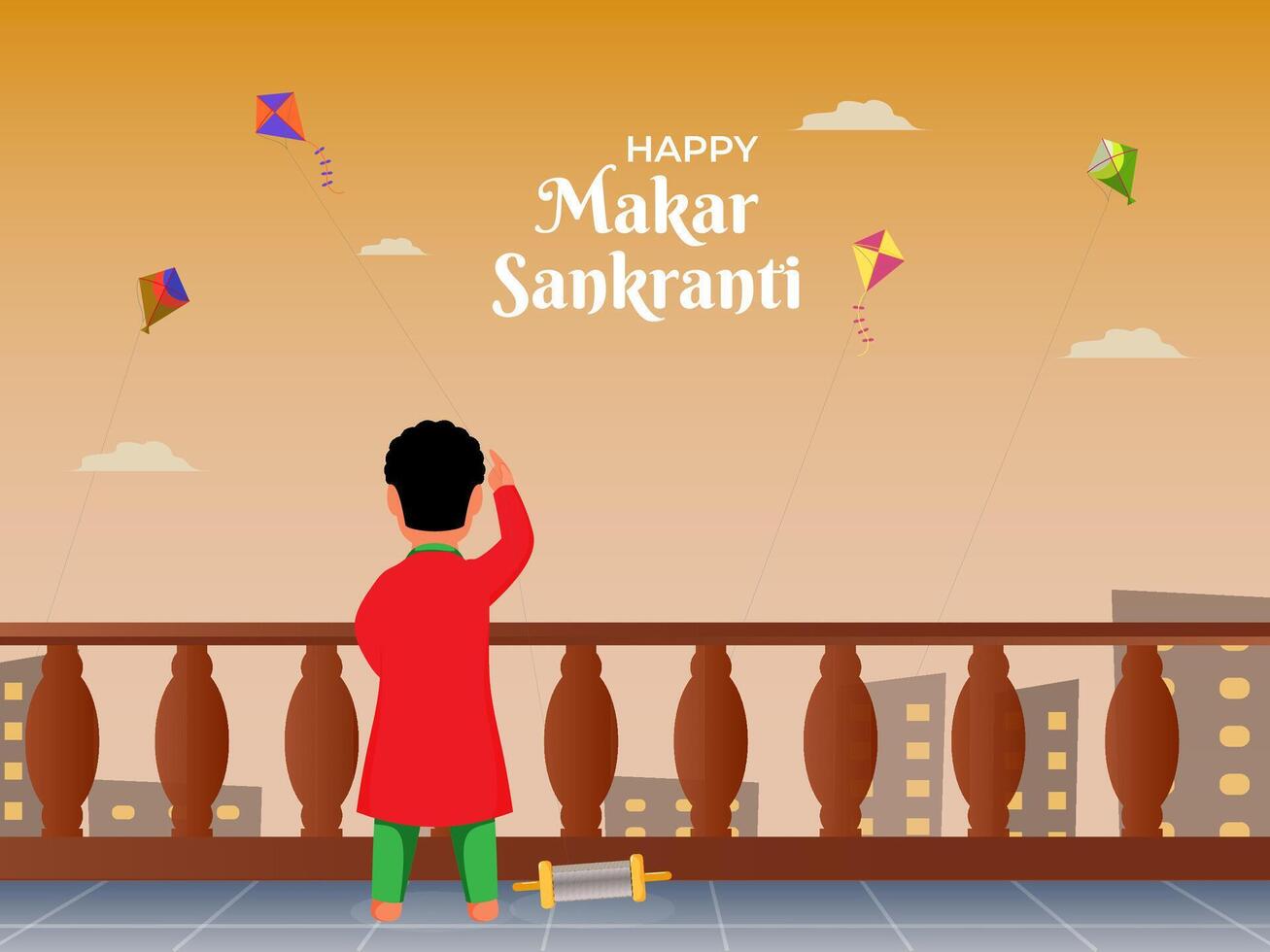 Happy Makar Sankranti Poster with Back View of Boy Flying Kite on Roof Illustration. vector