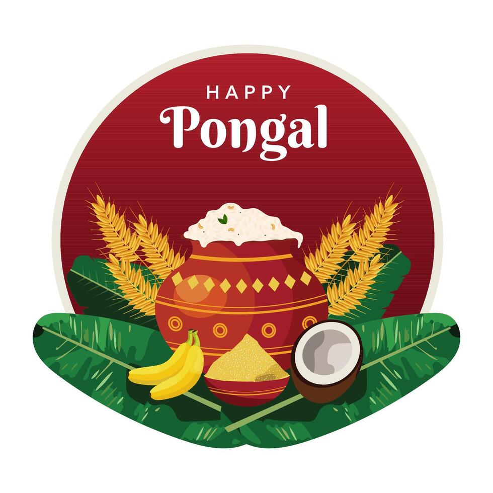 Happy Pongal Celebration Poster with Traditional Clay Pot of Rice Dish, Coconut, Wheat Ears, Banana Leaves on White and Red Background. vector