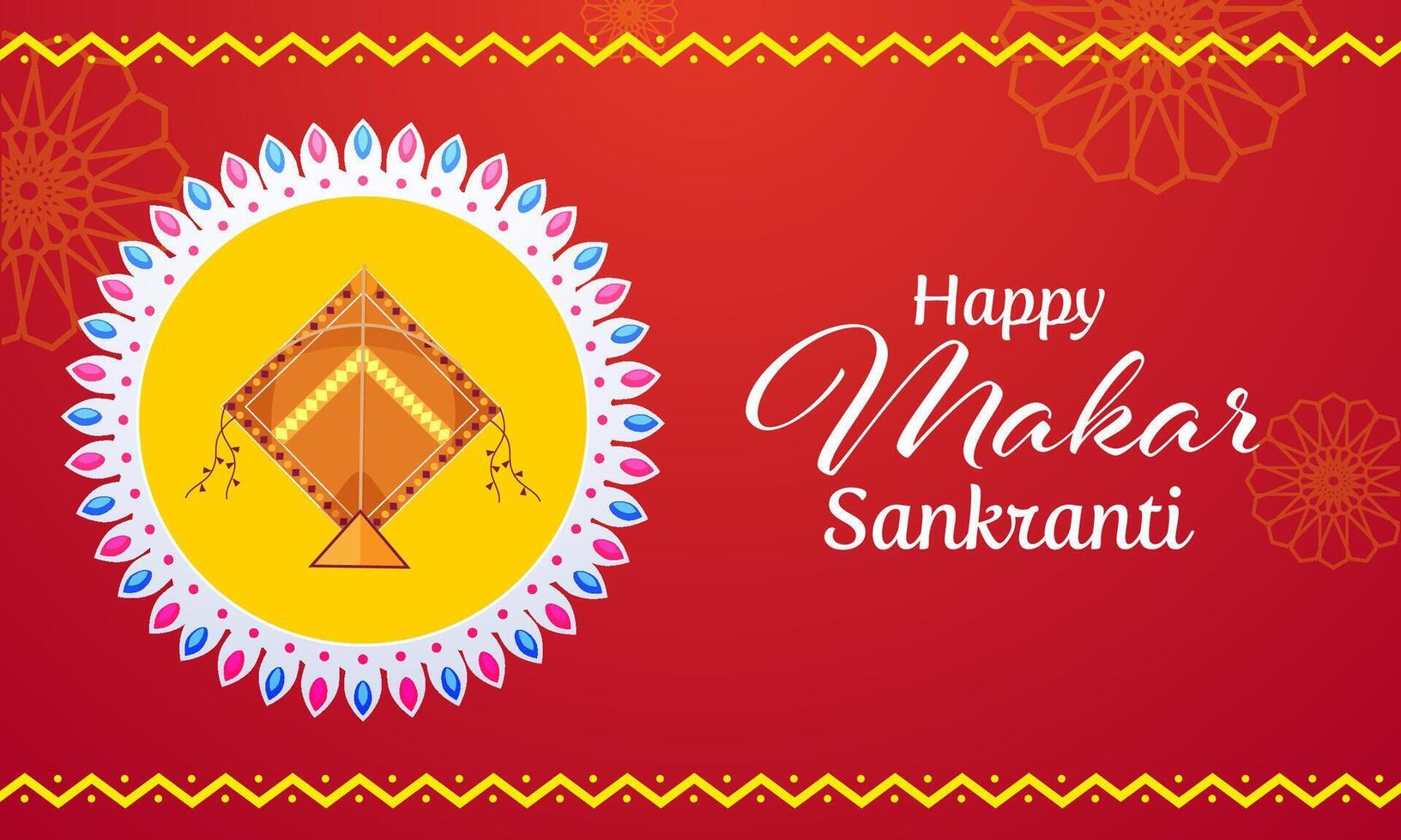 Happy Makar Sankranti Banner with Kite Circular Frame on Orange Background. vector