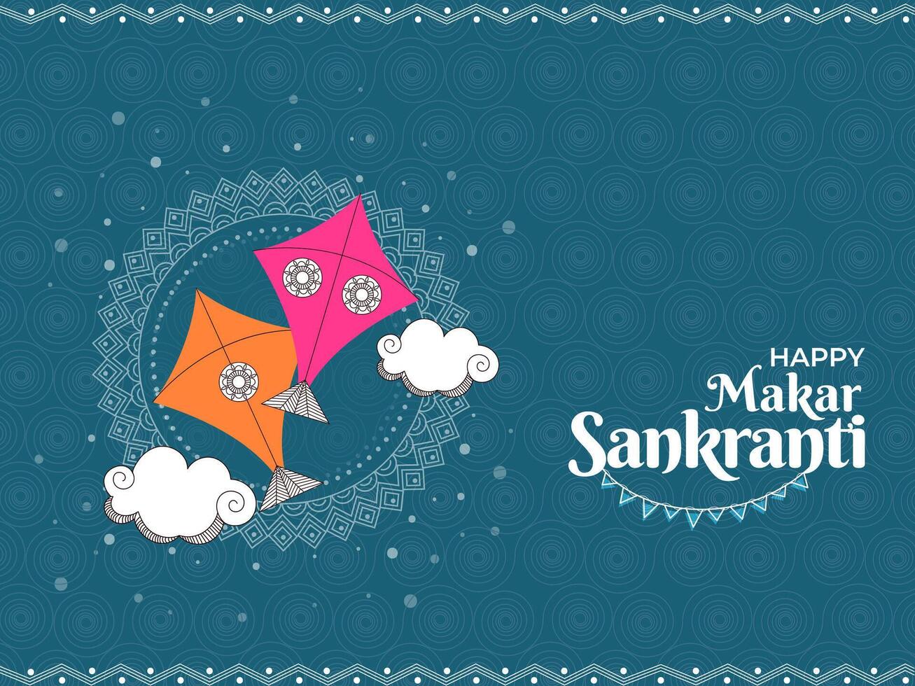 Happy Makar Sankranti Greeting Card with Two Kites and Clouds on Blue Swirl Pattern Background. vector