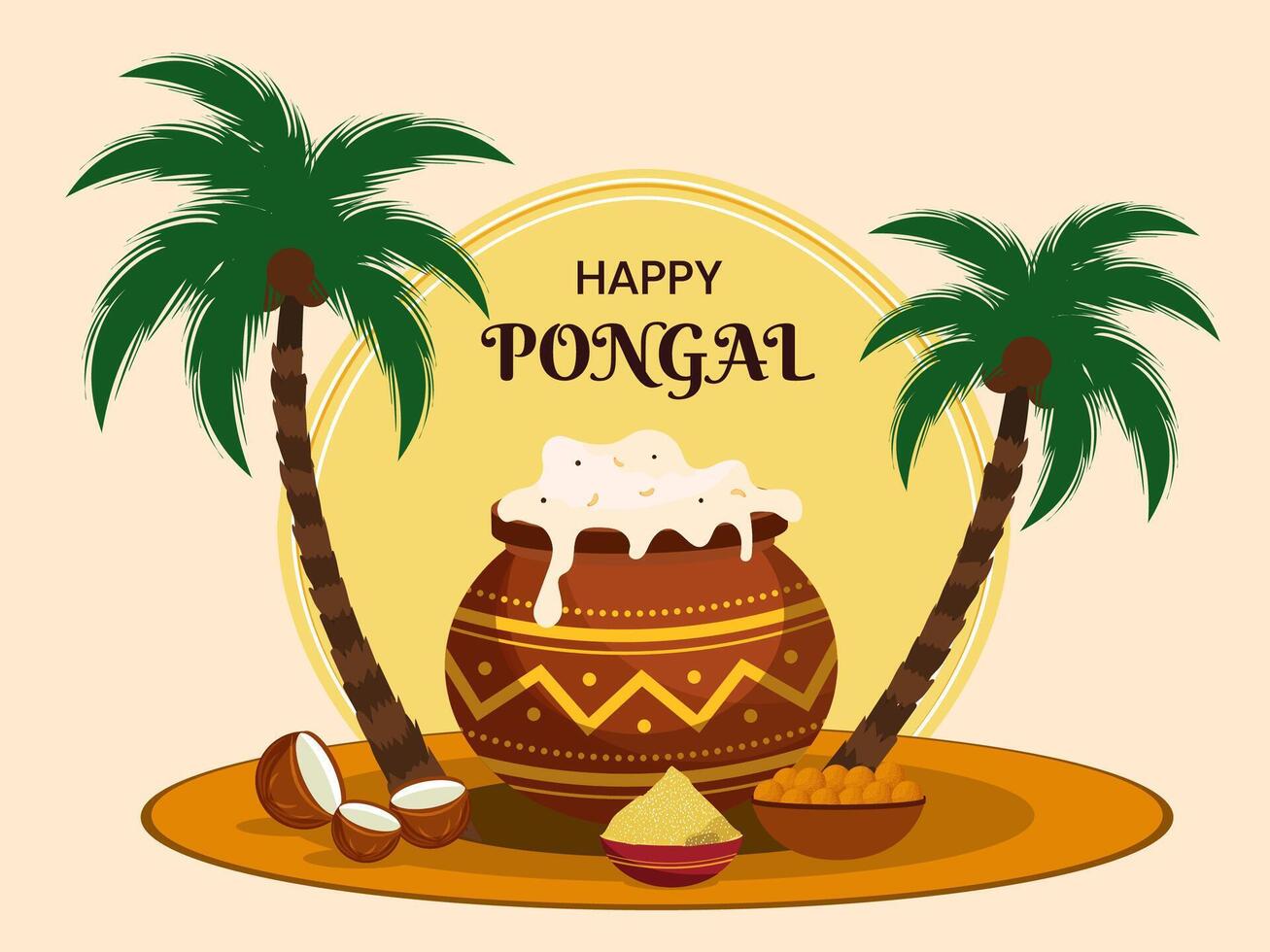 Happy Pongal Celebration Poster with Traditional Clay Pot of Rice Dish, Indian Sweet Laddu and Coconut Trees on Beige Background. vector