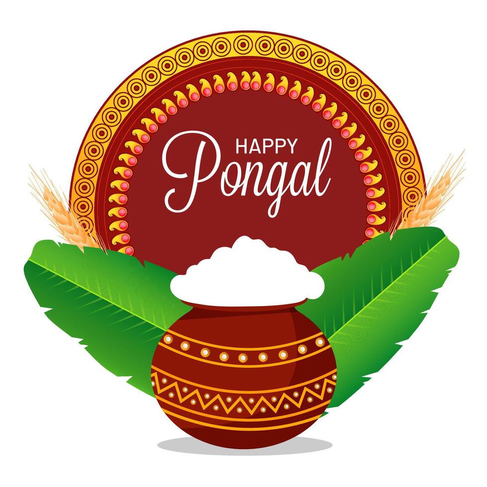 Happy Pongal Celebration Poster Design with Clay Pot of Rice Dish, Banana Leaves, Wheat Ears and Mandala Frame on White Background. vector