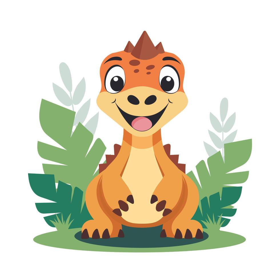 Cute Cartoon Dinosaur Baby Character on Nature Background. vector
