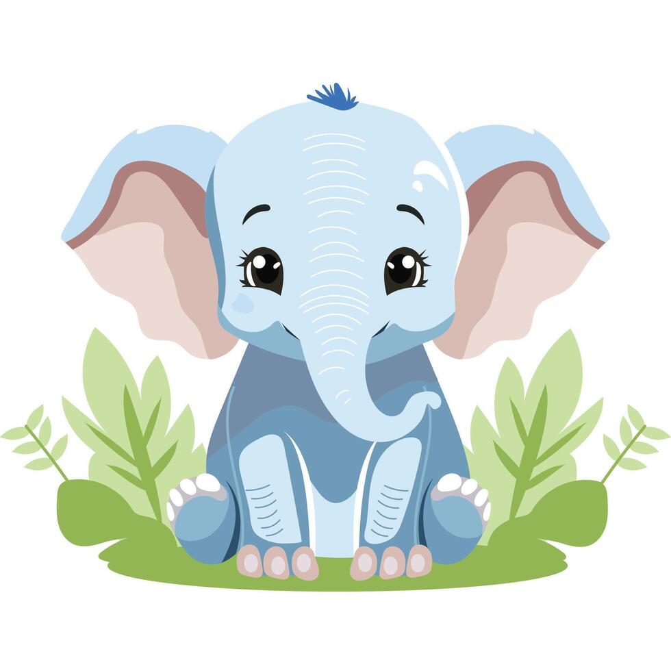 Cute Cartoon Elephant Baby Character on Nature Background. vector