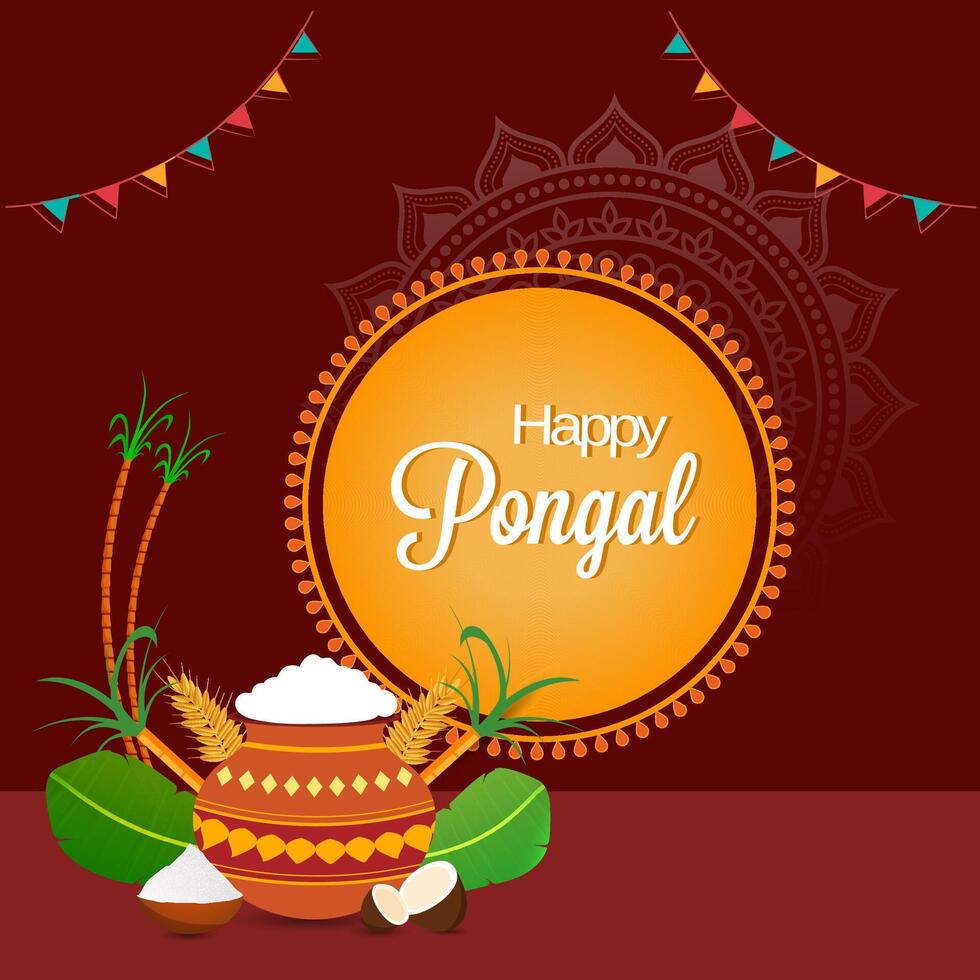 Happy Pongal Celebration Poster with Festival Elements on Red Background. vector