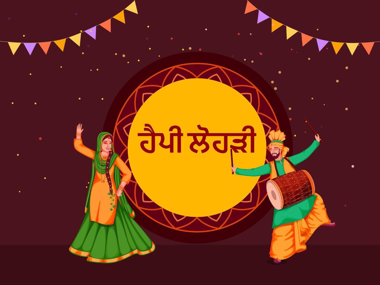Cartoon Punjabi Couple Doing Bhangra Dance with Dhol Instrument on Red Background For Happy Lohri Celebration. vector