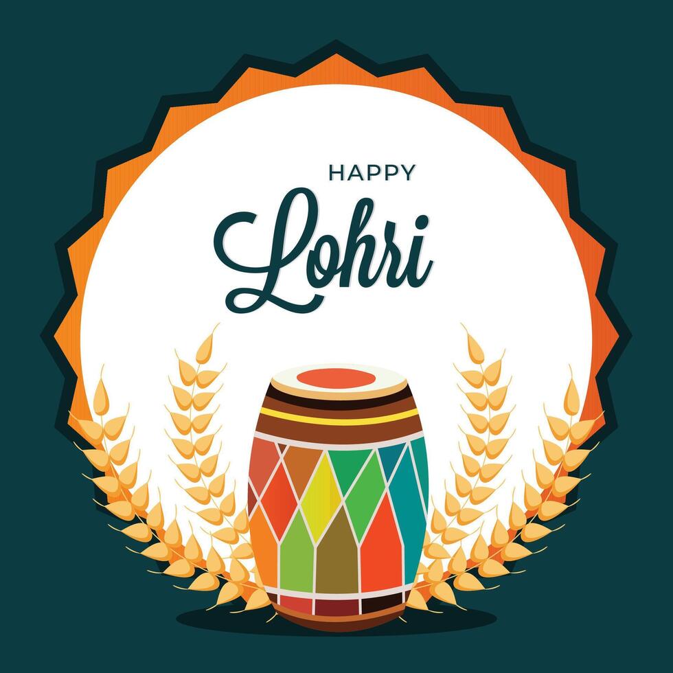 Happy Lohri Celebration Poster with Colorful Dhol Instrument, Wheat Ears on White and Green Background. vector