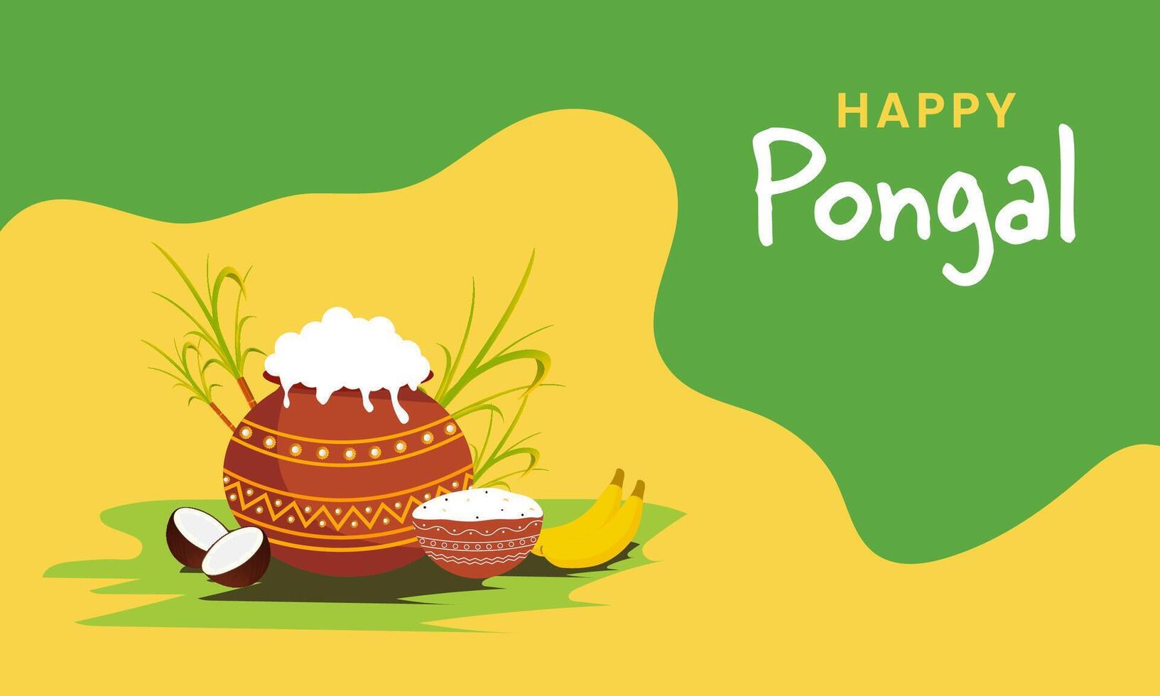 Happy Pongal Celebration Banner Design with Festival Elements on Green and Yellow Background. vector