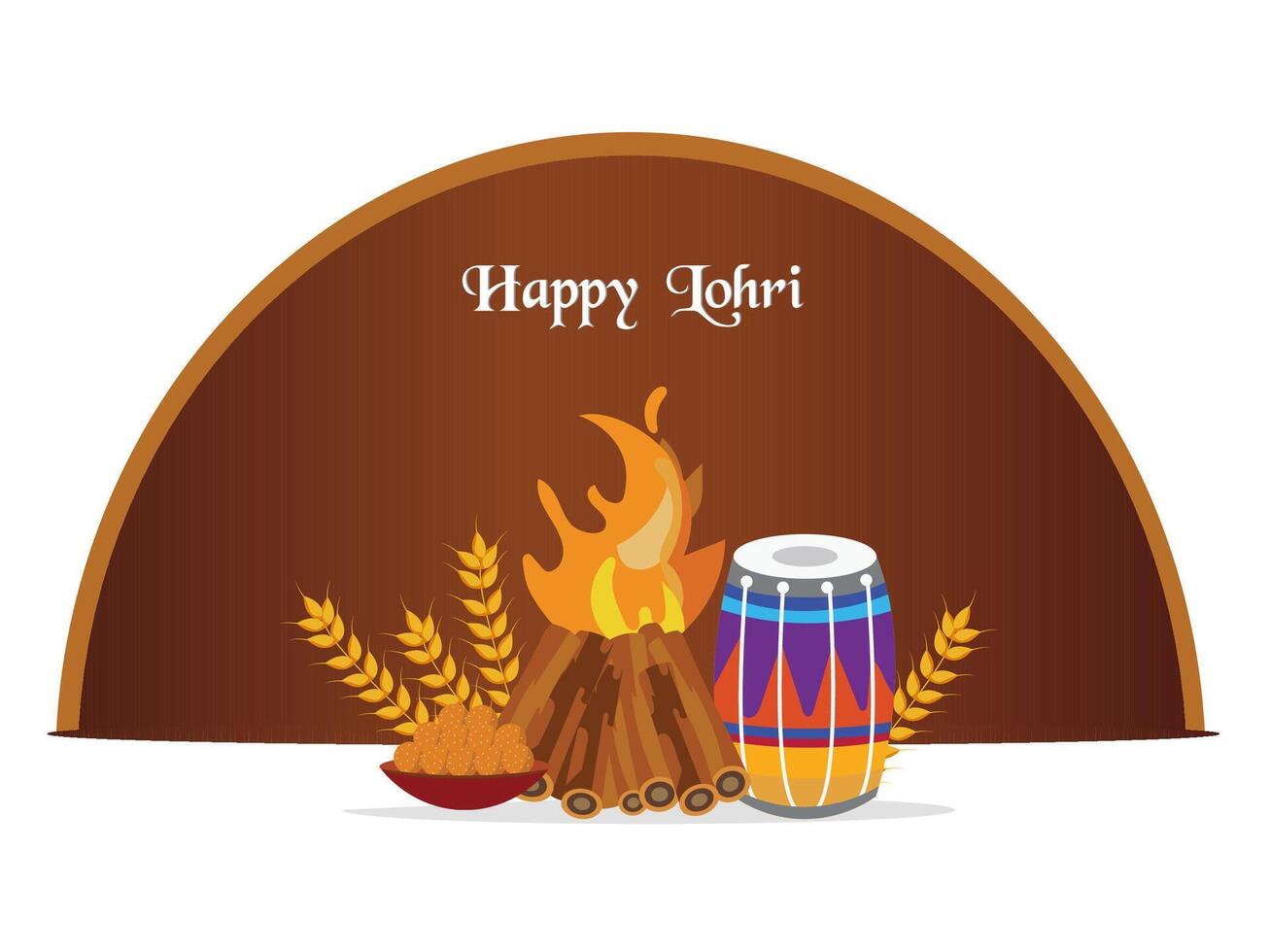 Happy Lohri Celebration Poster with Colorful Dhol Instrument, Bonfire, Indian Sweet Laddu, Wheat Ears on Brown and White Background. vector