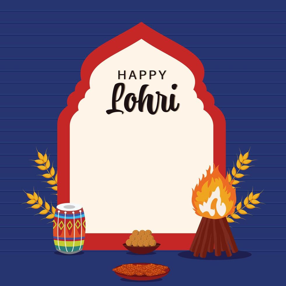 Happy Lohri Celebration Poster with Bonfire, Dhol Instrument, Wheat Ears and Sweet on Colorful Background. vector
