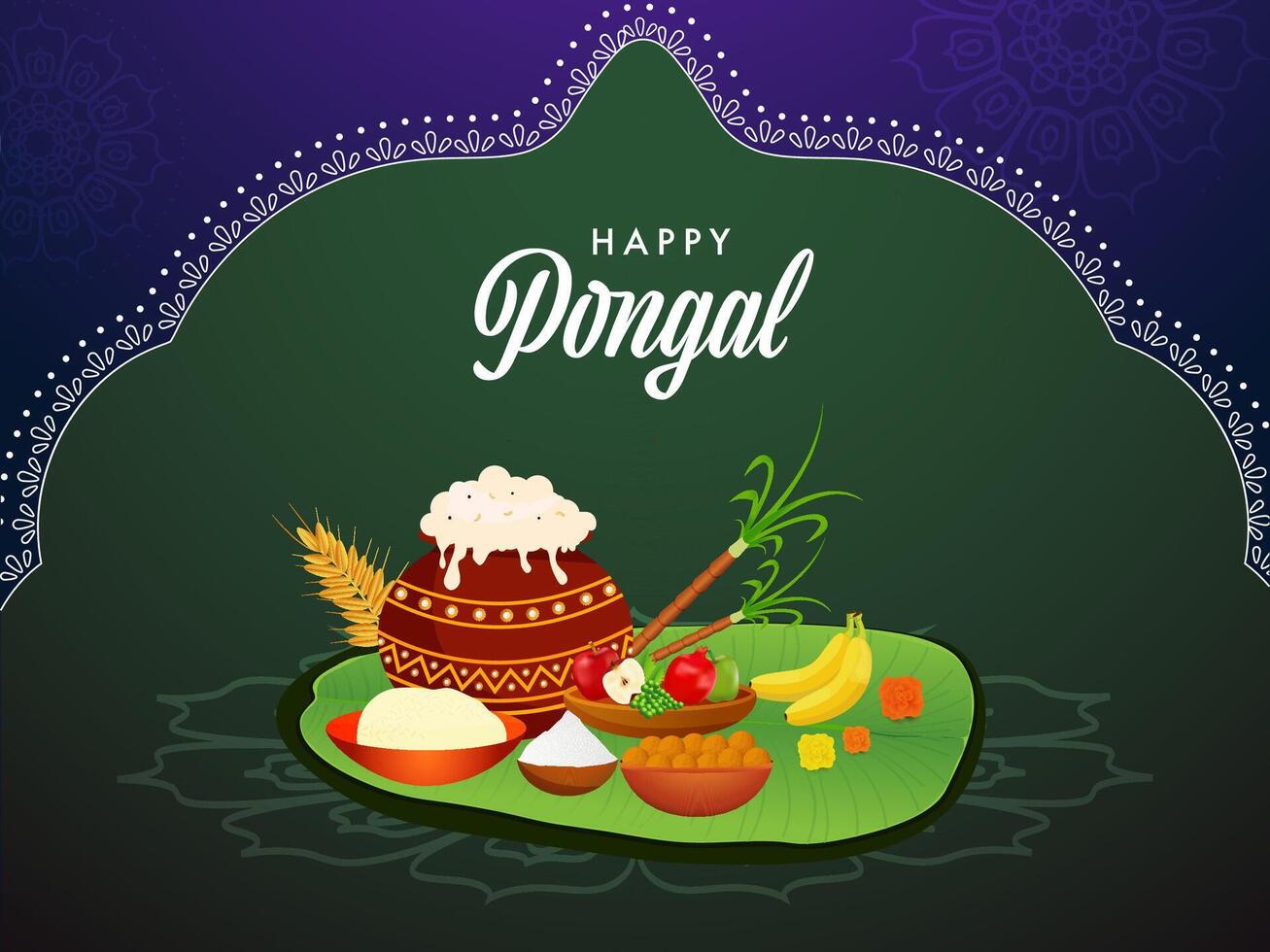 Happy Pongal Celebration Poster with Traditional Clay Pot of Rice Dish, Wheat Ear, Sugarcane, Indian Sweet Laddu and Fruit on Banana Leaf Illustration. vector
