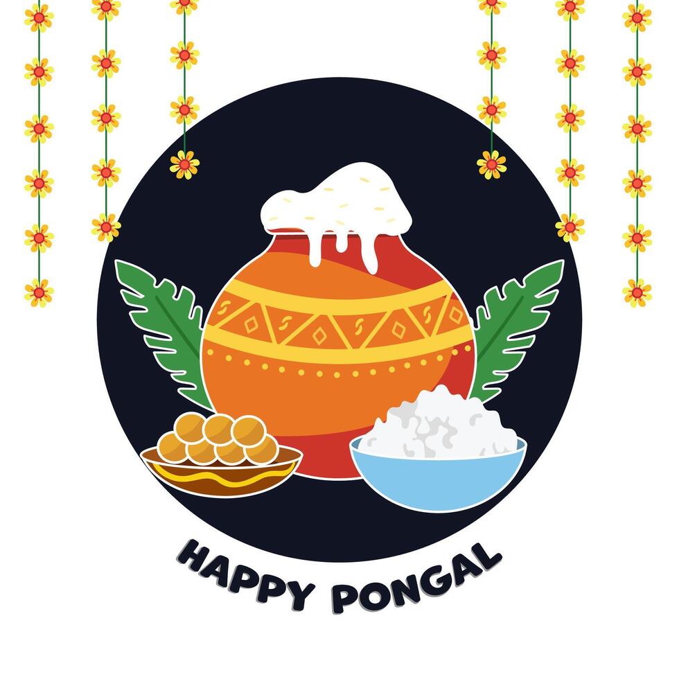 Happy Pongal Celebration Poster Design with Sticker Style Festival Elements on Dark and White Background. vector