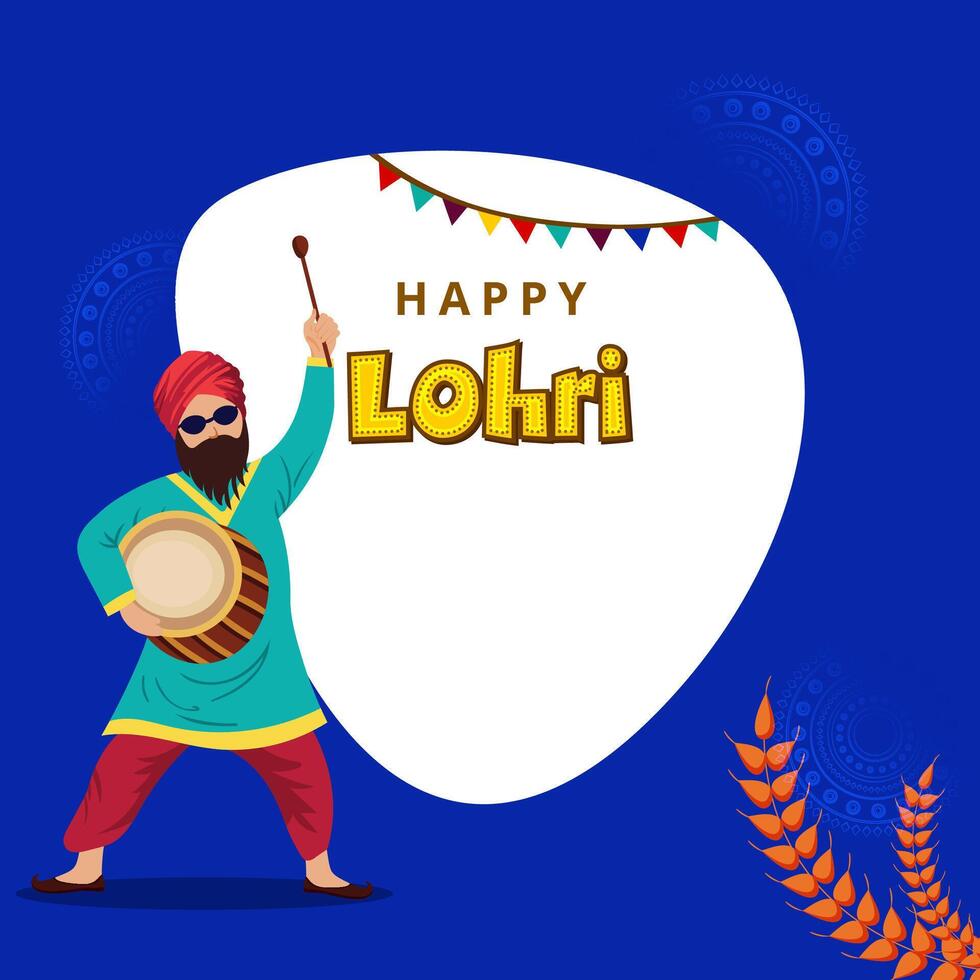 Happy Lohri Celebration Poster with Sikh Man Character Playing Drum on Blue and White Background. vector