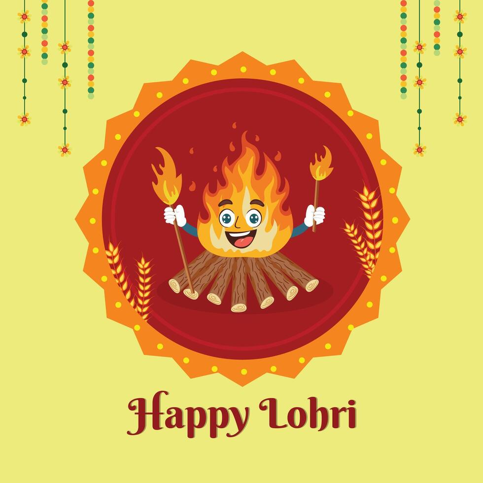 Happy Lohri Celebration Poster with Funny Cartoon Bonfire, Wheat Ears on Red and Yellow Background. vector